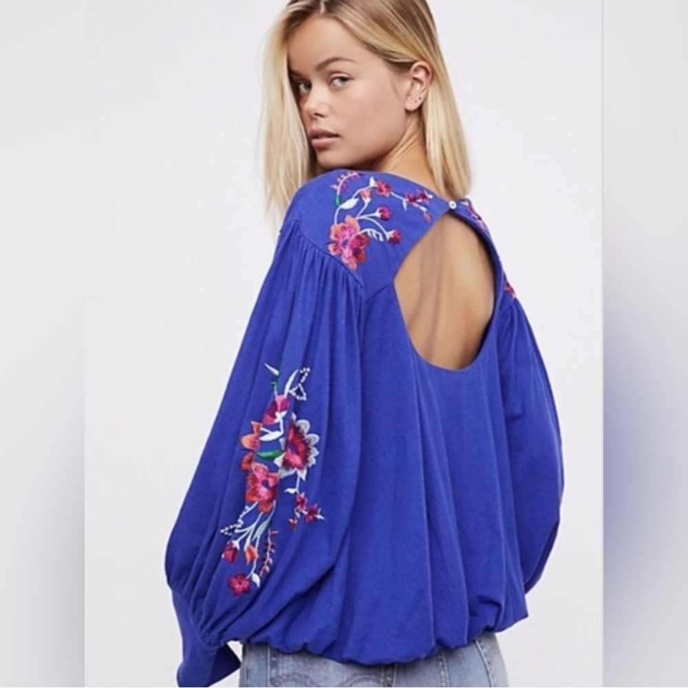 Free People Lita Keyhole Floral Embroidered Balloon Sleeve Blouse Medium